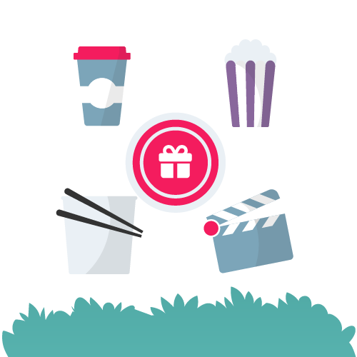 Grass with icons of coffee, cinema and food